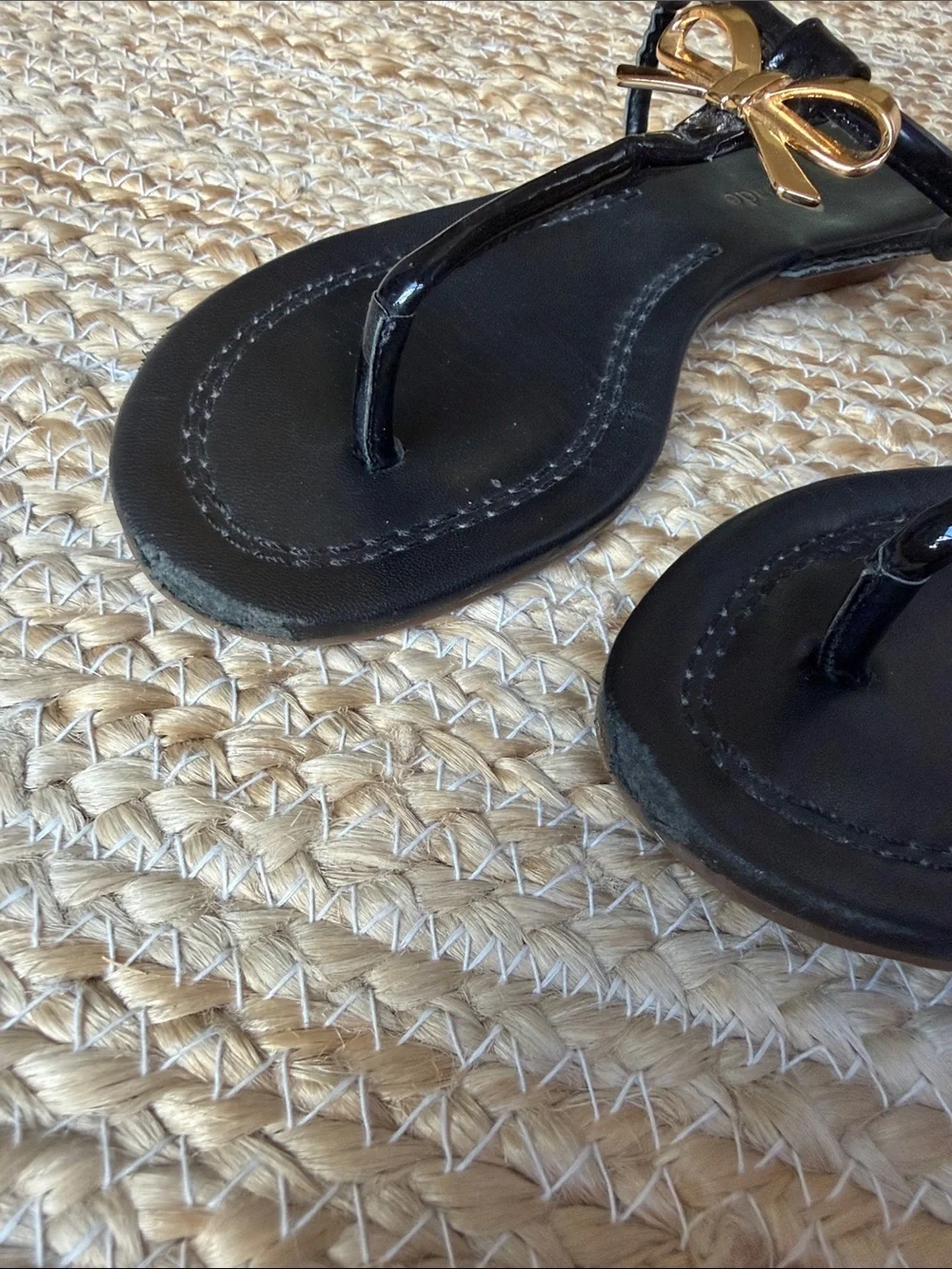 Kate Spade Black Leather Gold Bow T-Strap Sandals